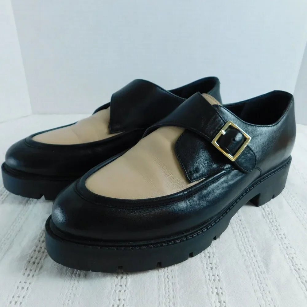 Seychelles Leather Loafers 7.5 Catch Me Black Cream Buckle Shoes Womens Retro
